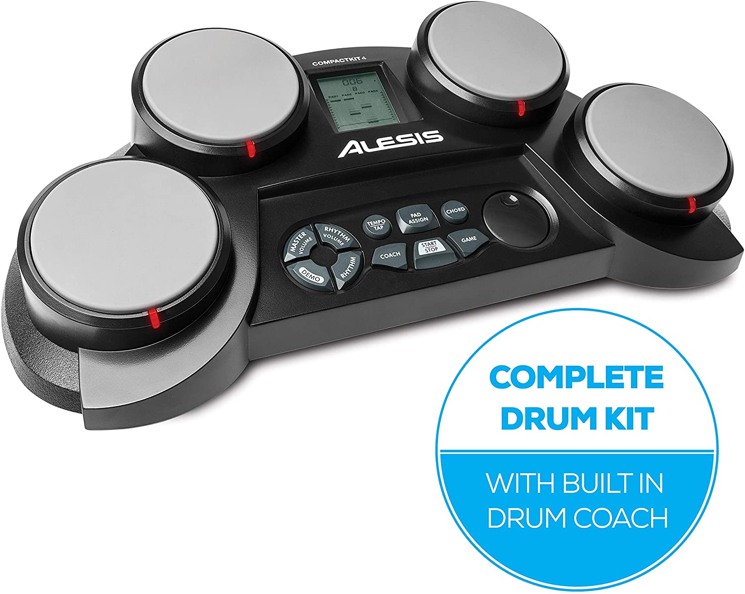 Alesis Compact Kit 4 | Portable 4-Pad Tabletop Electronic Drum Kit with Velocity-Sensitive Drum Pads, 70 Drum Sounds, Coaching Feature, Game Functions, Battery- or AC-Power and Drum Sticks Included